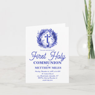 Convite Blue Minimalist floral first católica communion
