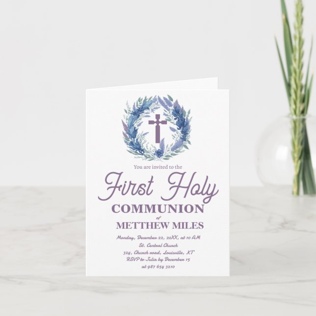 Convite Blue Minimalist floral first católica communion (Frente)