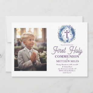 Convite Blue Minimalist floral first católica communion