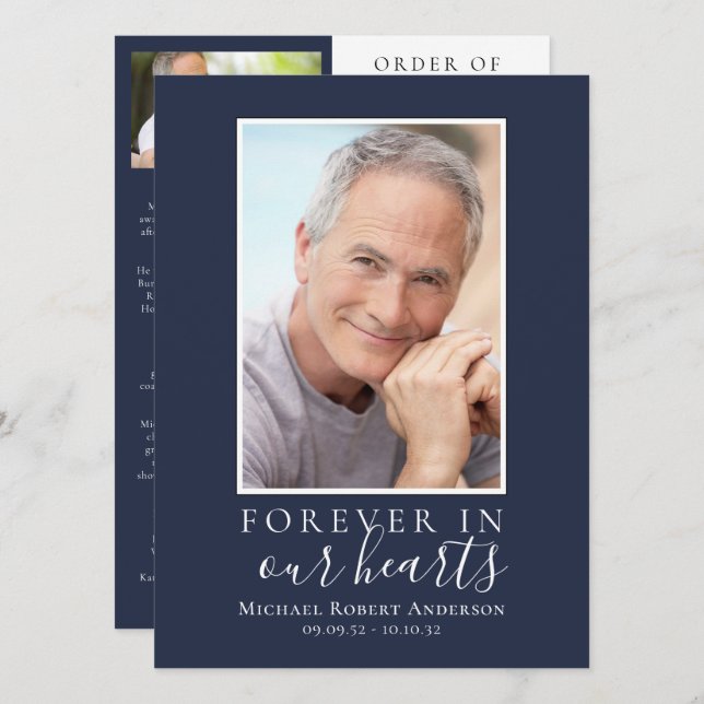 Convite Blue Minimalist Photo Memorial Service Program (Frente/Verso)