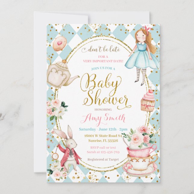 Convite Blue Mint Alice no País das Maravilhas (Frente)