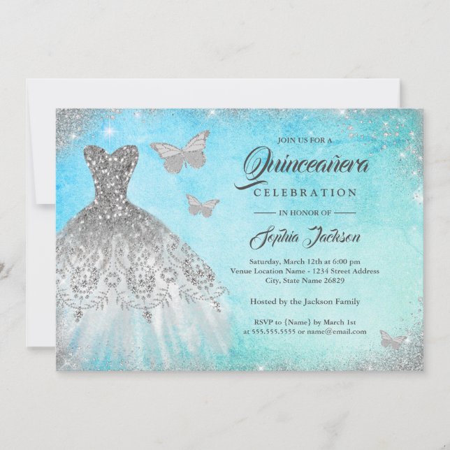 Convite Blue Mint Sparkle Butterfly Quinceanera Invi (Frente)