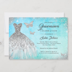 Convite Blue Mint Sparkle Butterfly Quinceanera Invi