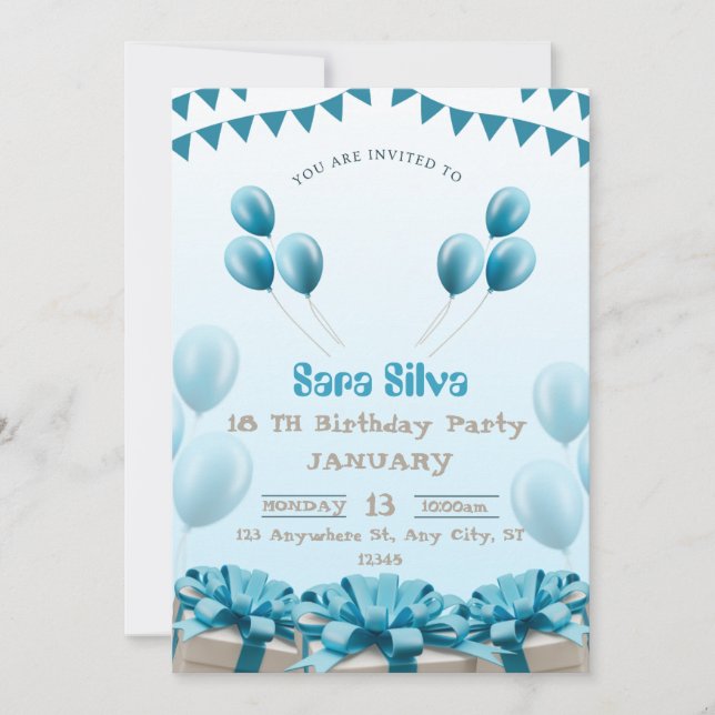 Convite Blue Modern Birthday Invitation Card (Frente)