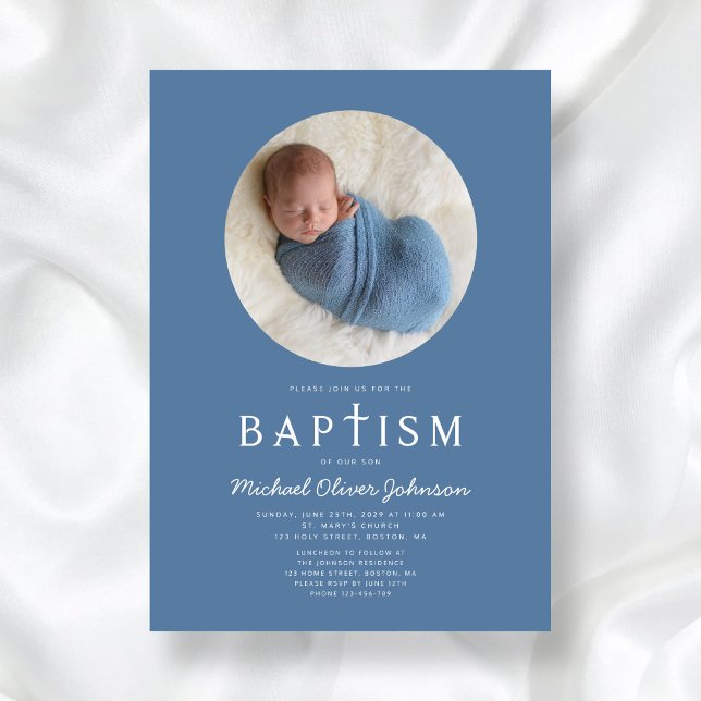 Convite Blue Modern Religião Fotografia Boy Baptism (Blue Modern Religious Cross Photo Boy Baptism Invitation)
