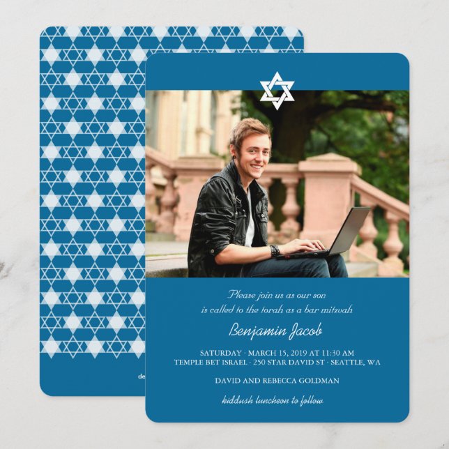 Convite Blue Modern Stars Of David Bar Mitzvah Photo (Frente/Verso)