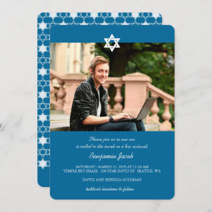 Convite Blue Modern Stars Of David Bar Mitzvah Photo