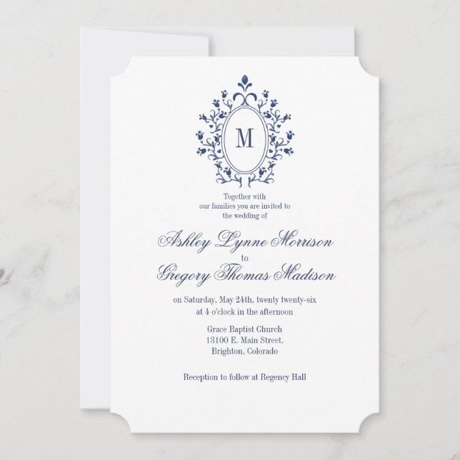 Convite BLUE Monogram Wedding Invitation (Frente)