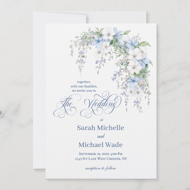 Convite Blue Morning Glory Calligraphy Wedding Invitation (Frente)