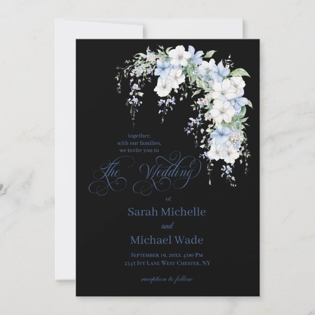 Convite Blue Morning Glory Calligraphy Wedding Invitation (Frente)