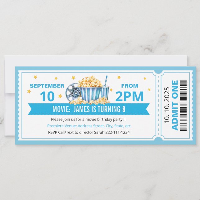 Convite Blue Movie ticket birthday invitation (Frente)