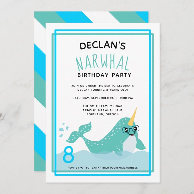 Convite Blue Narwhal sob a Festa de aniversário do Oceano  (Frente/Verso)