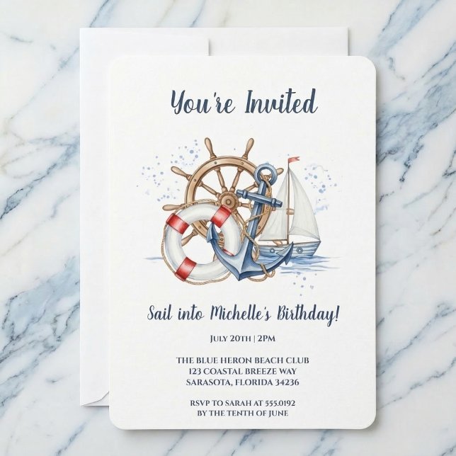 Convite Blue Nautical Anchor Birthday Invite (Party by the sea.)