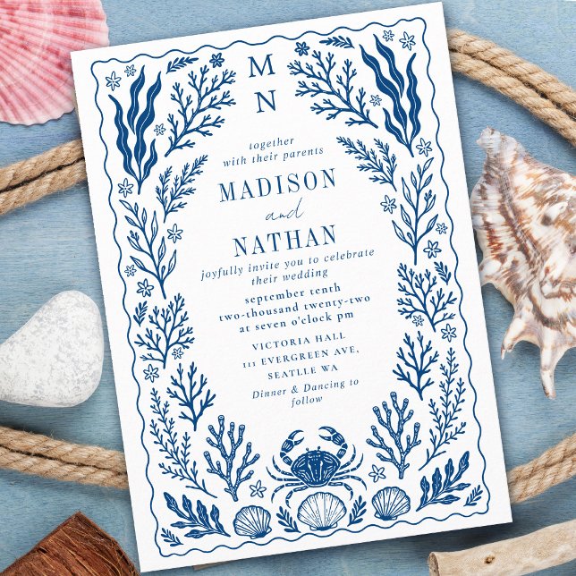 Convite Blue Nautical Crab Shell Ocean Beach Wedding (Criador carregado)