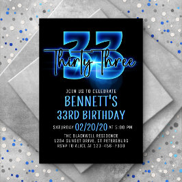 Convite Blue Neon 33rd Birthday Invitation