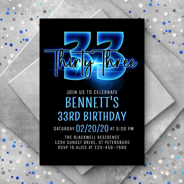 Convite Blue Neon 33rd Birthday Invitation (Criador carregado)