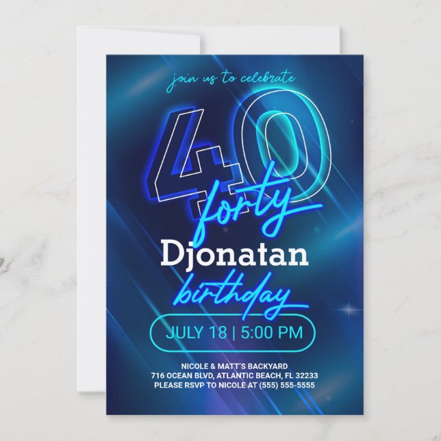 Convite Blue Neon 40th Birthday Party Invitation Card (Frente)
