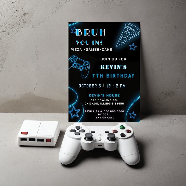 Convite Blue Neon Glow Pizza Games Bruto Aniversário (Blue Neon Glow Pizza Games Bruh Birthday Invitation)