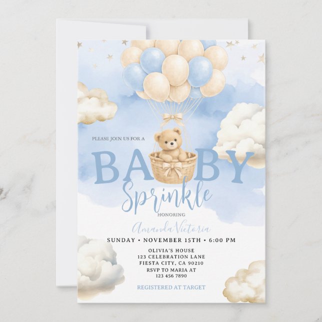 Convite Blue Neutral Bear Cloud Balloon Baby Shower (Frente)