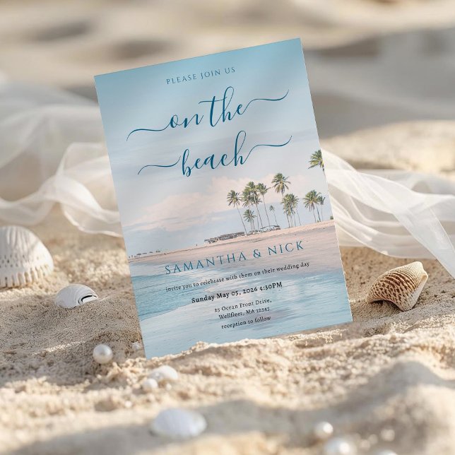 Convite Blue Ocean Palm Tree Beach Wedding (Criador carregado)