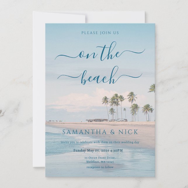 Convite Blue Ocean Palm Tree Beach Wedding (Frente)