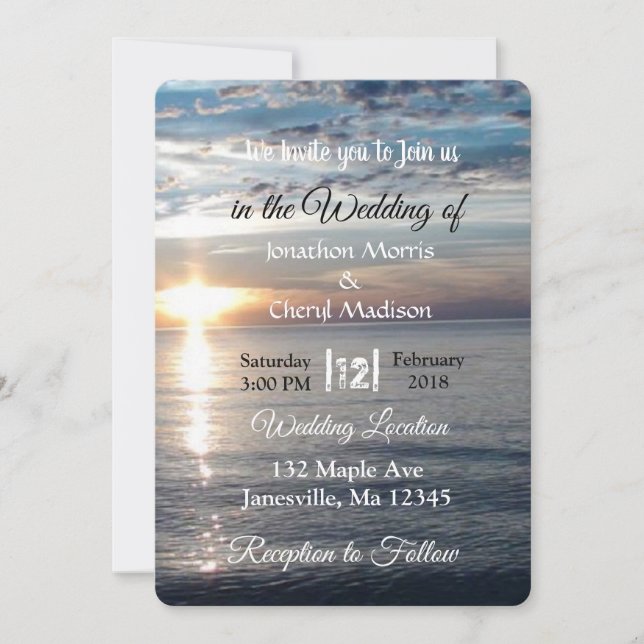 Convite Blue Ocean Waves Sunset Wedset Invtions (Frente)
