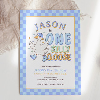 Convite Blue One Silly Goose - Retro Boy First Birthday