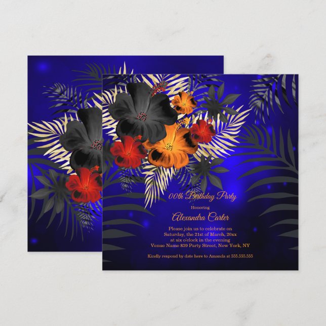 Convite Blue Orange Black Hibiscus Floral Birday (Frente/Verso)