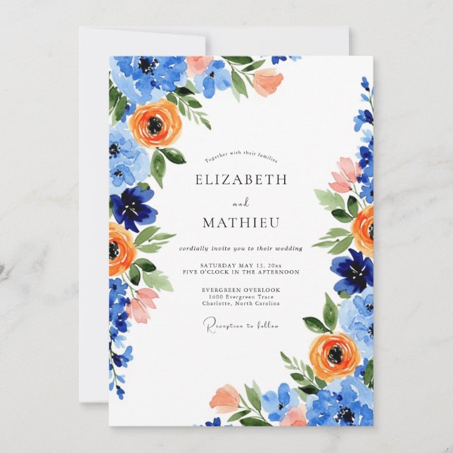 Convite Blue Orange Blooming Spring Wedding (Frente)
