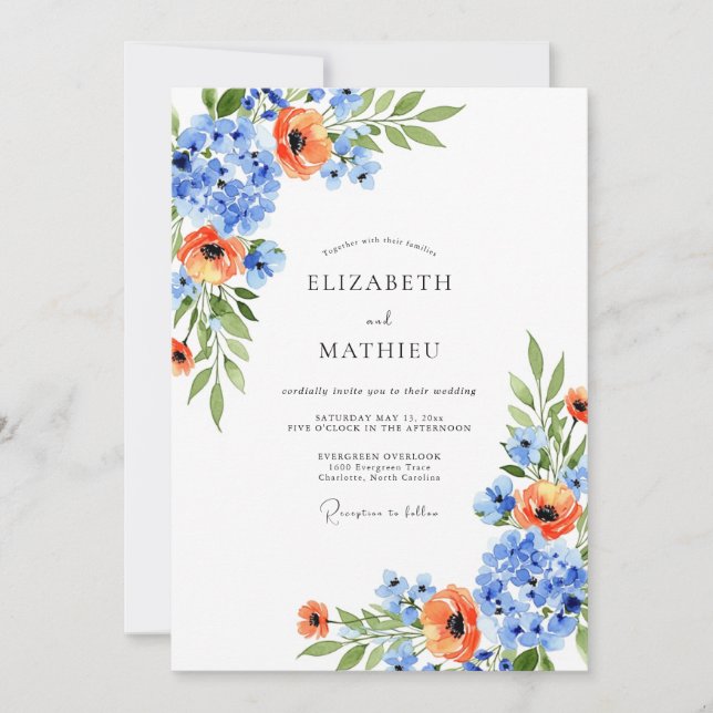 Convite Blue Orange Blossom Spring Wedding (Frente)
