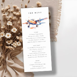 Convite Blue Orange Blush Watercolor Airplane Menu Weding