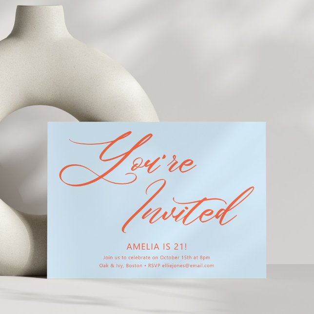 Convite Blue Orange Bold Script 21st Birthday Party (Criador carregado)