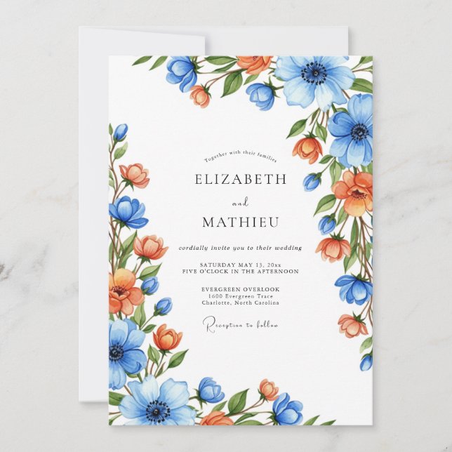 Convite Blue Orange Botanical Romance Wedding (Frente)