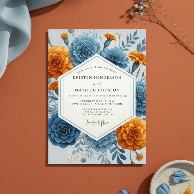Convite Blue Orange Floral Autumn Wedding (Criador carregado)