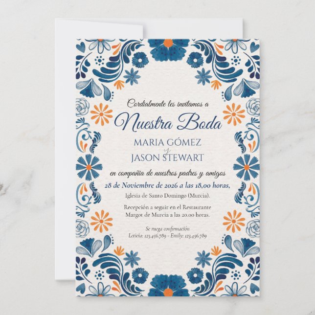 Convite Blue Orange Floral Elegant Fiesta Spanish Wedding (Frente)