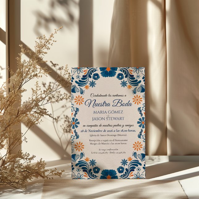 Convite Blue Orange Floral Elegant Fiesta Spanish Wedding (Blue Orange Floral Elegant Fiesta Spanish Wedding Invitation)
