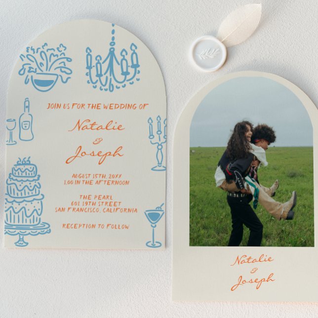 Convite Blue Orange Hand Drawn Whimsical Arched Wedding (Criador carregado)