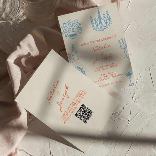 Convite Blue Orange Hand Drawn Whimsical QR Code Wedding (Criador carregado)