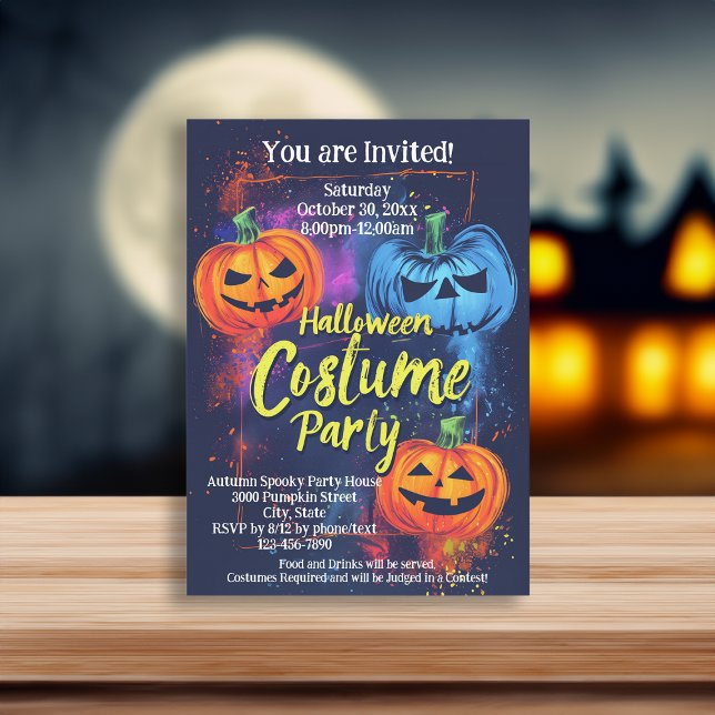 Convite Blue Orange Jack-O-Lanterna Festa de Figurino de H (orange blue pumpkin halloween costume party invitations)