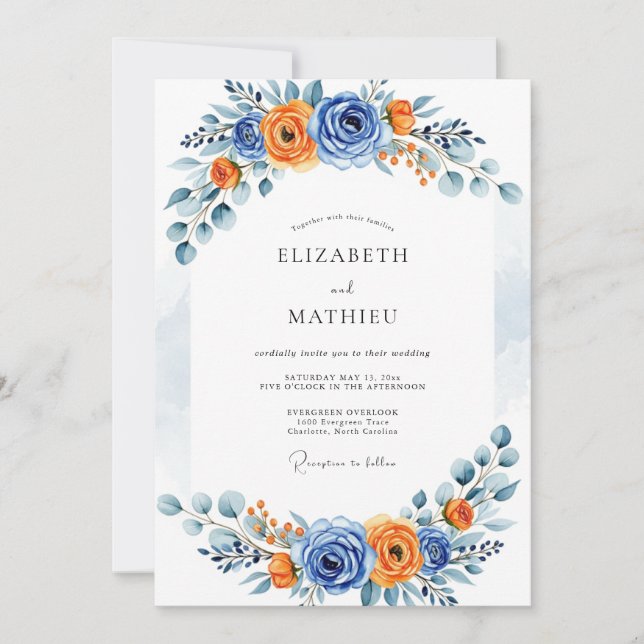 Convite Blue Orange Romantic Bloom Wedding (Frente)