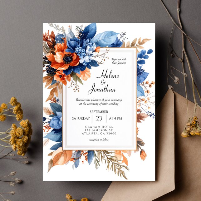Convite Blue Orange Terracotta Floral Boho Elegant Wedding (Blue Orange Terracotta Floral Boho Elegant Wedding Invitation)