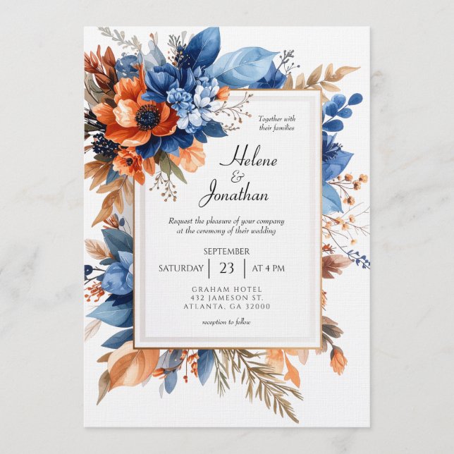 Convite Blue Orange Terracotta Floral Boho Elegant Wedding (Frente)
