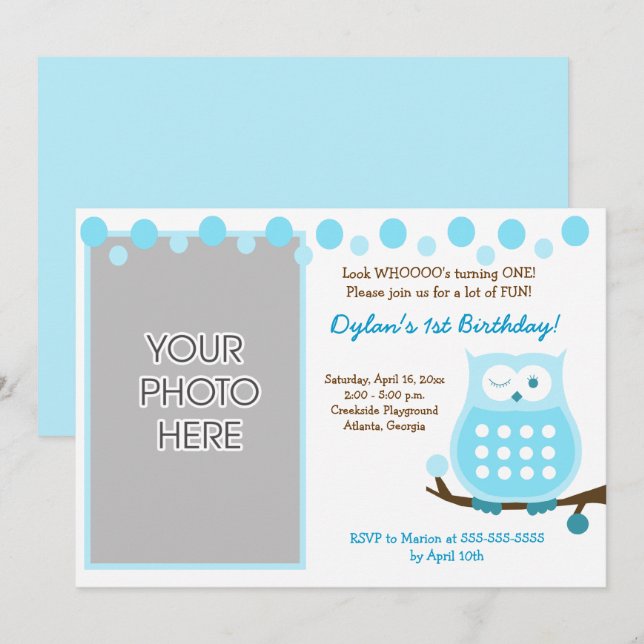 Convite Blue Owl Woodland Foto Aniversário (Frente/Verso)