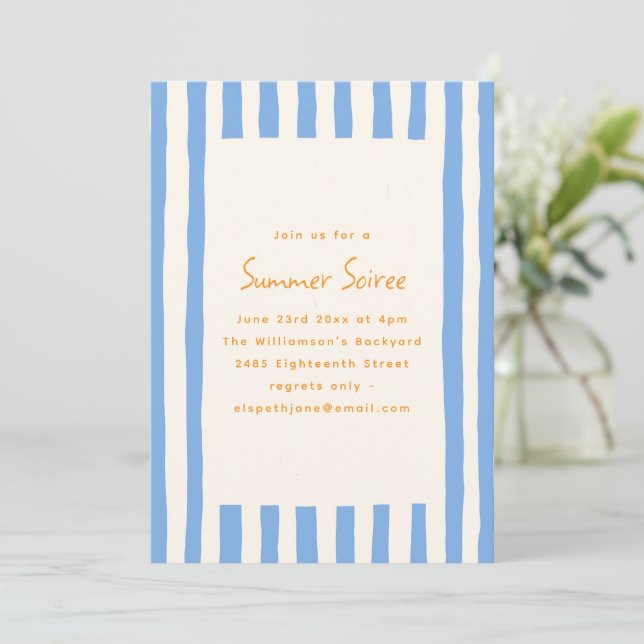 Convite Blue Painted Stripe Yellow Summer Soiree Party (Em pé/Frente)