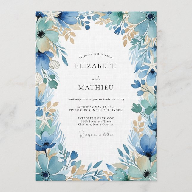 Convite Blue Painterly Floral Enchantment Wedding (Frente)