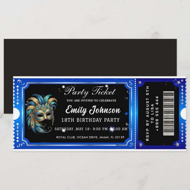 Convite  blue party ticket invitations  (Frente/Verso)