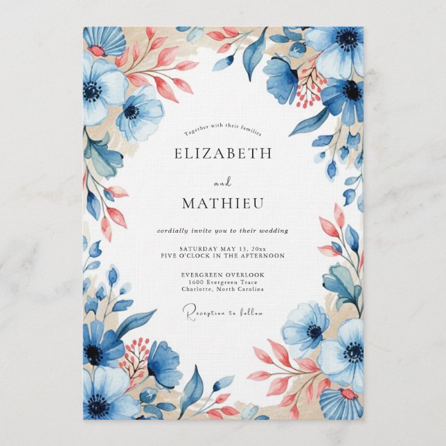 Convite Blue Peach Floral Bloom Wedding (Frente)