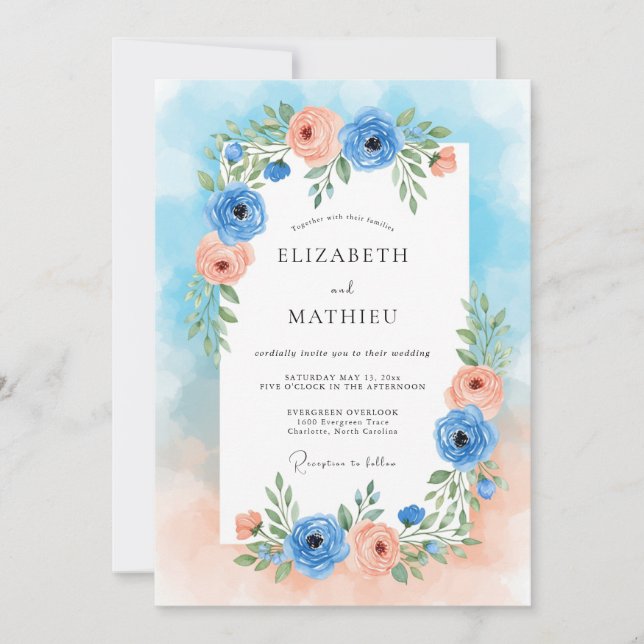 Convite Blue Peach Floral Romance Wedding (Frente)