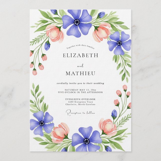 Convite Blue & Peach Floral Whimsy Wedding (Frente)