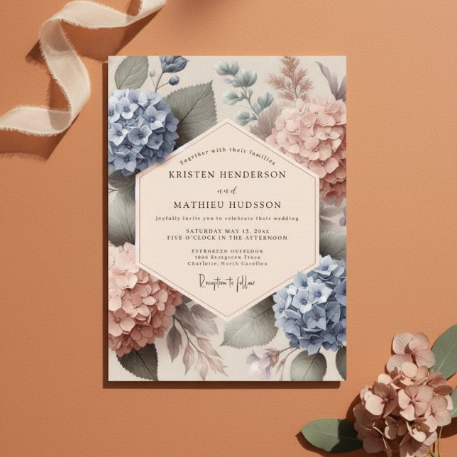 Convite Blue Peach Hydrangea Botanical Wedding (Criador carregado)